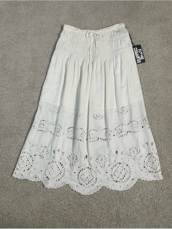 Future Collective Dresses & Skirts - FUTURE COLLECTIVE White Rayon EMBROIDERED High Rise Eyelet DROP A-Line SKIRT
